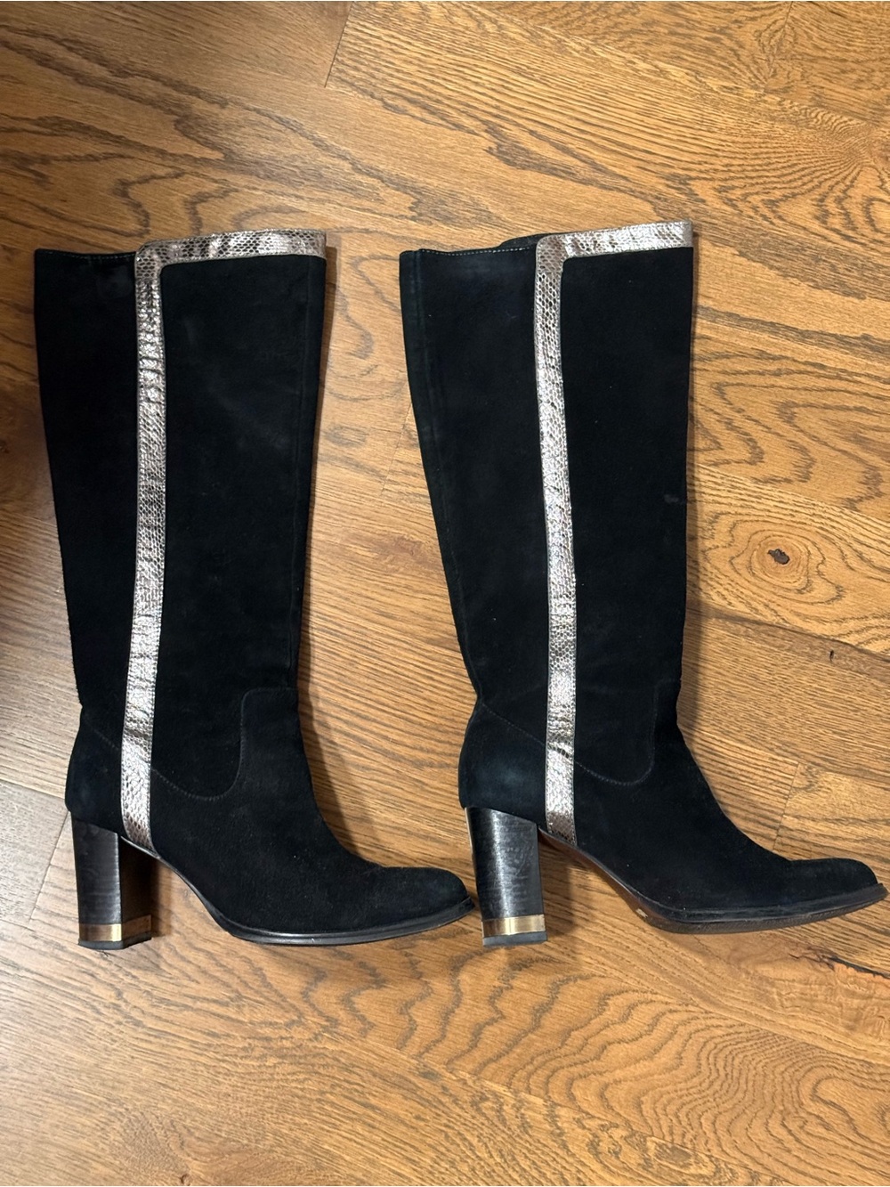 Black Suede Knee-High Boots with Silver Trim